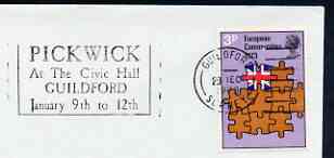 Postmark - Great Britain 1973 cover bearing illustrated slogan cancellation for Pickwick at the Civic Hall, guildford , stamps on entertainments, stamps on theatres