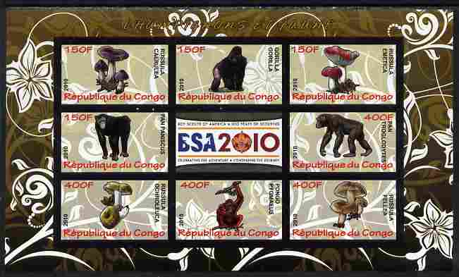 Congo 2010 Mushrooms & Fauna #09 imperf sheetlet containing 8 values plus Scouts label unmounted mint, stamps on fungi, stamps on scouts, stamps on animals, stamps on apes