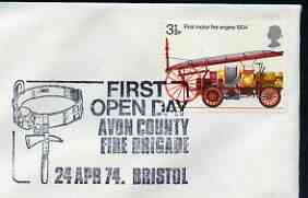Postmark - Great Britain 1974 cover bearing illustrated cancellation for First Open Day, Avon County Fire Brigade, stamps on rescue, stamps on fire