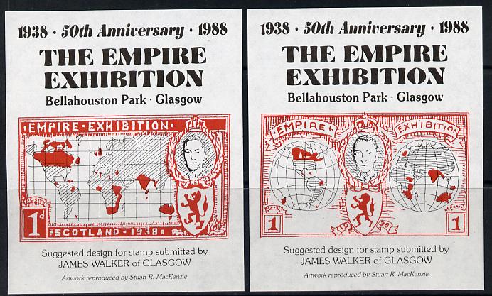 Exhibition souvenir sheets for 1988 50th Anniversary Empire Exhibition, set of 2 sheets each showing KG6 stamp essay by James Walker (Map) unmounted mint, stamps on stamp exhibitions, stamps on scots, stamps on scotland, stamps on stamp on stamp, stamps on maps, stamps on stamponstamp