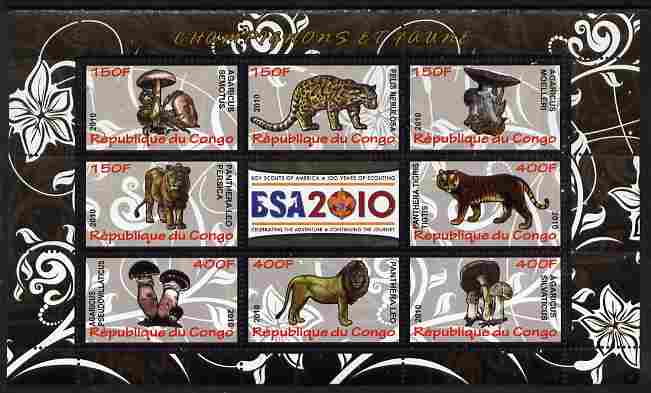 Congo 2010 Mushrooms & Fauna #10 perf sheetlet containing 8 values plus Scouts label unmounted mint, stamps on , stamps on  stamps on fungi, stamps on  stamps on scouts, stamps on  stamps on animals, stamps on  stamps on cats
