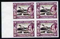 Kenya, Uganda & Tanganyika 1935 Mount Kenya KG5 65c imperf block of 4 being a 'Hialeah' forgery on gummed paper (as SG 117), stamps on mountains, stamps on forgery, stamps on forgeries, stamps on  kg5 , stamps on 