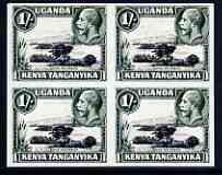 Kenya, Uganda & Tanganyika 1935 Lake Naivasha KG5 1s imperf block of 4 being a Hialeah forgery on gummed paper (as SG 118), stamps on lakes, stamps on forgery, stamps on forgeries, stamps on  kg5 , stamps on 