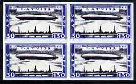 Latvia 1933 Charity 30-130s Graf Zeppelin imperf block of 4 being a Hialeah forgery on gummed paper (as SG 245), stamps on airships, stamps on zeppelins, stamps on aviation, stamps on forgery, stamps on forgeries, stamps on 