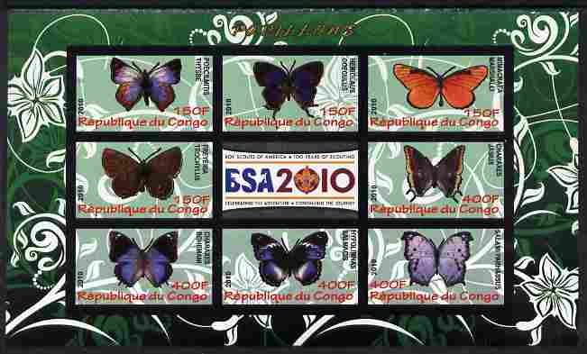 Congo 2010 Butterflies #01 imperf sheetlet containing 8 values plus Scouts label unmounted mint, stamps on butterflies, stamps on scouts, stamps on 