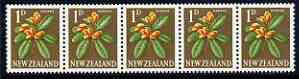 New Zealand 1960-66 Karaka 1d (from def set) perf 14.5x13 coil strip of 5 full perfs unmounted mint, SG 782b, stamps on trees