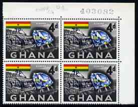 Ghana 1965 New Currency 4p on 4d Diamond & Mine corner block of 4, upper 2 stamps showing 'top of 4 missing' unmounted mint, SG 384var, stamps on diamonds, stamps on minerals, stamps on mining