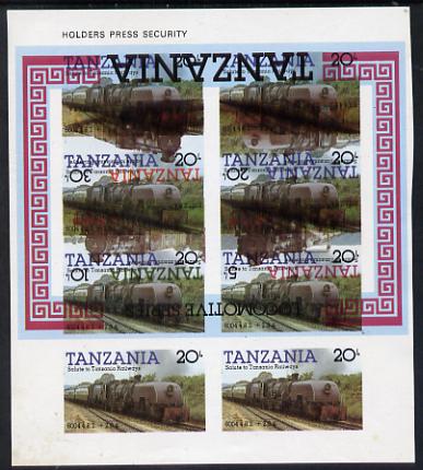 Tanzania 1985 Locomotive 6004 20s value (SG 432) unmounted mint imperf sheetlet of 8 doubly printed with m/sheet (SG MS 434), one being inverted, spectacular & rare, stamps on railways, stamps on big locos, stamps on big locos