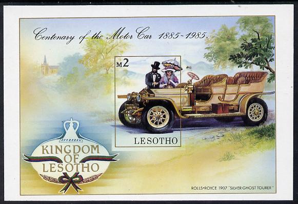 Lesotho 1985 Centenary of Motoring unmounted mint imperf m/sheet (SG MS 645), stamps on cars    rolls royce