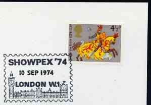 Postmark - Great Britain 1974 card bearing illustrated cancellation for Showpex '74, showing Big Ben & Houses of Parliament, stamps on stamps, stamps on stamp exhibitions, stamps on london, stamps on clocks, stamps on constitutions