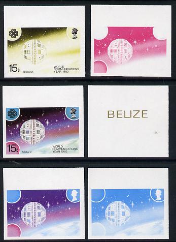 Belize 1983 Communications 15c (Telstar 2) x 6 imperf progressive proofs comprising various individual or composite colours unmounted mint, stamps on communications   space