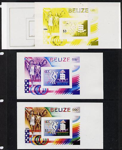 Belize 1984 Discuss Thrower (statue) Olympic Games m/sheet the set of 4 imperf progressive proofs comprising various single & multiple combination composites, extremely r..., stamps on olympics   sport     statues
