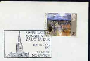 Postmark - Great Britain 1971 cover bearing special cancellation for 53rd Philatelic Congress of Great Britain, Norwich (showing Cathedral), stamps on postal, stamps on cathedrals