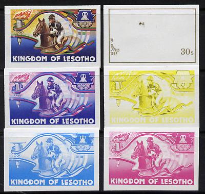Lesotho 1984 Los Angeles Olympic Games 30s (Horse Riding) set of 6 imperf progressive proofs comprising various single & multiple combination composites, very scarce, stamps on horses, stamps on olympics, stamps on sport, stamps on show jumping