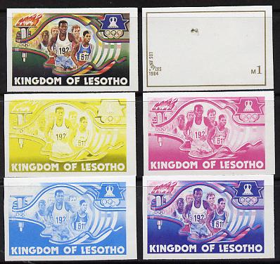 Lesotho 1984 Los Angeles Olympic Games 1m (Running) set of 6 imperf progressive proofs comprising various single & multiple combination composites, very scarce, as SG 594, stamps on sport, stamps on running, stamps on olympics