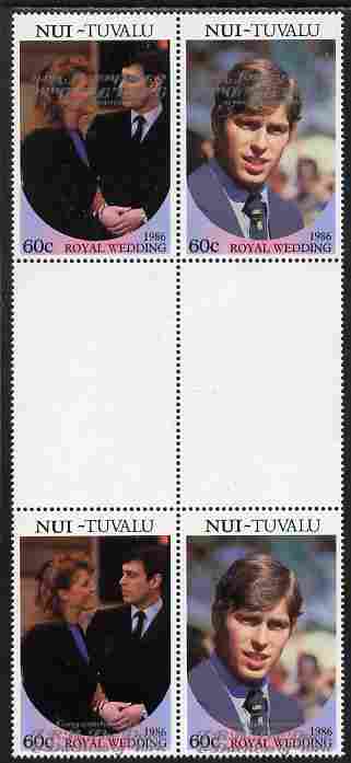 Tuvalu - Nui 1986 Royal Wedding (Andrew & Fergie) 60c with 'Congratulations' opt in silver in unissued perf inter-paneau block of 4 (2 se-tenant pairs) with overprint inverted on one pair unmounted mint from Printer's uncut proof sheet, stamps on royalty, stamps on andrew, stamps on fergie, stamps on 