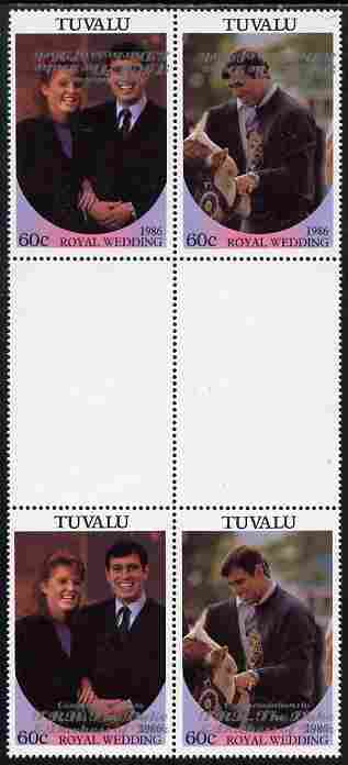 Tuvalu 1986 Royal Wedding (Andrew & Fergie) 60c with Congratulations opt in silver in unissued perf inter-paneau block of 4 (2 se-tenant pairs) with overprint inverted on..., stamps on royalty, stamps on andrew, stamps on fergie, stamps on 