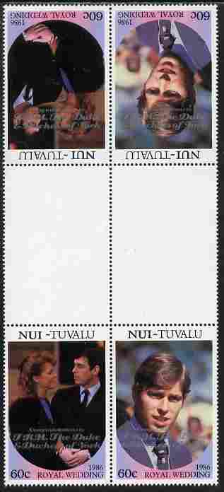 Tuvalu - Nui 1986 Royal Wedding (Andrew & Fergie) 60c with 'Congratulations' opt in silver in unissued perf tete-beche inter-paneau block of 4 (2 se-tenant pairs) with overprint inverted on one pair unmounted mint from Printer's uncut proof sheet, stamps on royalty, stamps on andrew, stamps on fergie, stamps on 