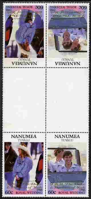 Tuvalu - Nanumea 1986 Royal Wedding (Andrew & Fergie) 60c with Congratulations opt in gold in unissued perf tete-beche inter-paneau block of 4 (2 se-tenant pairs) unmount..., stamps on royalty, stamps on andrew, stamps on fergie, stamps on 