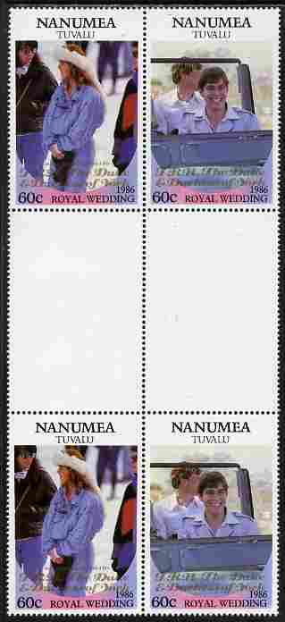 Tuvalu - Nanumea 1986 Royal Wedding (Andrew & Fergie) 60c with 'Congratulations' opt in gold in unissued perf inter-paneau block of 4 (2 se-tenant pairs) unmounted mint from Printer's uncut proof sheet, stamps on royalty, stamps on andrew, stamps on fergie, stamps on 