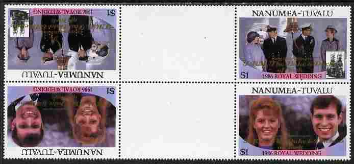 Tuvalu - Nanumea 1986 Royal Wedding (Andrew & Fergie) $1 with Congratulations opt in gold in unissued perf tete-beche inter-paneau block of 4 (2 se-tenant pairs) unmounte..., stamps on royalty, stamps on andrew, stamps on fergie, stamps on 