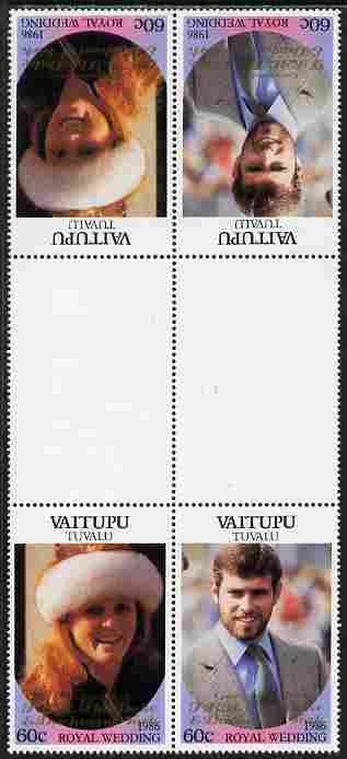 Tuvalu - Vaitupu 1986 Royal Wedding (Andrew & Fergie) 60c with 'Congratulations' opt in gold in unissued perf tete-beche inter-paneau block of 4 (2 se-tenant pairs) unmounted mint from Printer's uncut proof sheet, stamps on royalty, stamps on andrew, stamps on fergie, stamps on 