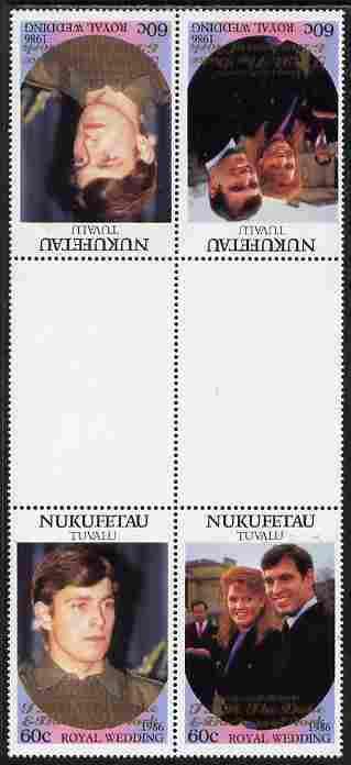 Tuvalu - Nukufetau 1986 Royal Wedding (Andrew & Fergie) 60c with 'Congratulations' opt in gold in unissued perf tete-beche inter-paneau block of 4 (2 se-tenant pairs) unmounted mint from Printer's uncut proof sheet, stamps on royalty, stamps on andrew, stamps on fergie, stamps on 