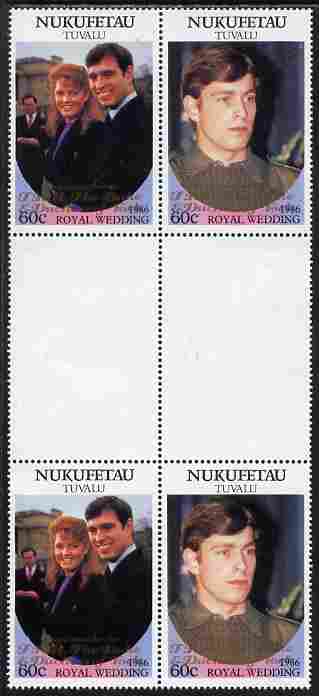 Tuvalu - Nukufetau 1986 Royal Wedding (Andrew & Fergie) 60c with 'Congratulations' opt in gold in unissued perf inter-paneau block of 4 (2 se-tenant pairs) unmounted mint from Printer's uncut proof sheet, stamps on royalty, stamps on andrew, stamps on fergie, stamps on 