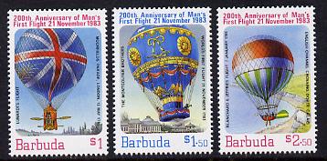 Barbuda 1983 Manned Flight set of 3 (SG 663-5) unmounted mint, stamps on aviation, stamps on balloons