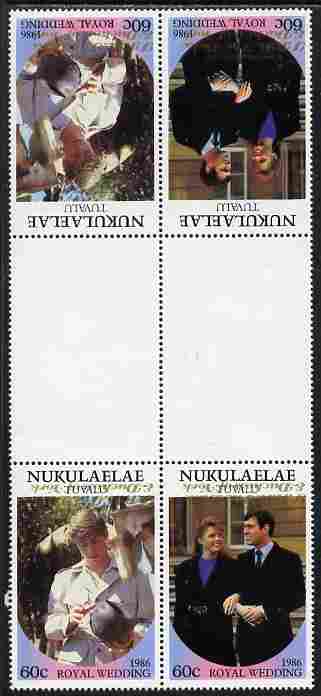 Tuvalu - Nukulaelae 1986 Royal Wedding (Andrew & Fergie) 60c with 'Congratulations' opt in gold in unissued perf tete-beche inter-paneau block of 4 (2 se-tenant pairs) with overprint inverted on one pair unmounted mint from Printer's uncut proof sheet, stamps on royalty, stamps on andrew, stamps on fergie, stamps on 