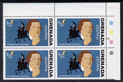 Grenada 1976 USA Bicentenary 1/2c (Paul Revere) corner block of 4, one stamp with green flaw above inscription (R1/3) unmounted mint, stamps on constitutions    history  personalities     americana, stamps on masonics, stamps on masonry
