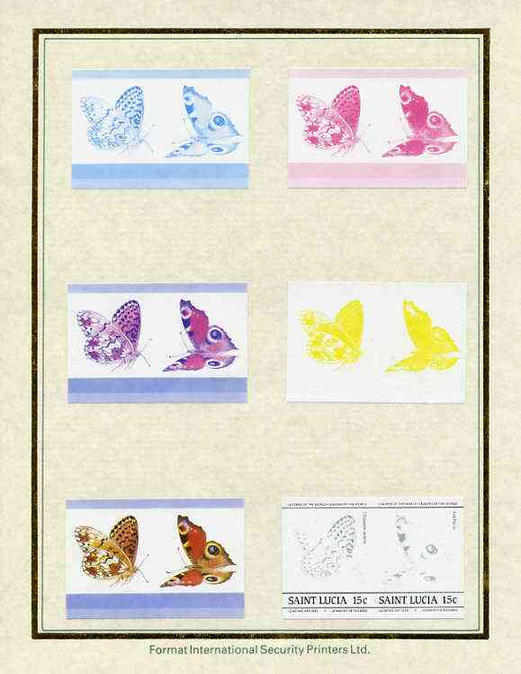 St Lucia 1985 Butterflies (Leaders of the World) 15c set of 7 imperf progressive proof pairs comprising the 4 individual colours plus 2, 3 and all 4 colour composites mou..., stamps on butterflies