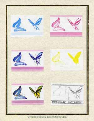 St Lucia 1985 Butterflies (Leaders of the World) $2.25 set of 7 imperf progressive proof pairs comprising the 4 individual colours plus 2, 3 and all 4 colour composites mounted on special Format International cards (as SG 787a), stamps on , stamps on  stamps on butterflies