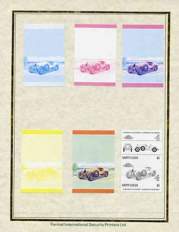 St Lucia 1985 Cars #3 (Leaders of the World) $1 Kissel Goldbug set of 7 imperf progressive proof pairs comprising the 4 individual colours plus 2, 3 and all 4 colour composites mounted on special Format International cards (as SG 793a), stamps on cars