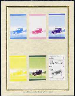 Tuvalu 1985 Cars #2 (Leaders of the World) 1c Rickenbacker set of 7 imperf progressive proof pairs comprising the 4 individual colours plus 2, 3 and all 4 colour composites mounted on special Format International cards (7 se-tenant proof pairs as SG 321a), stamps on cars
