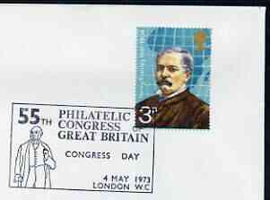 Postmark - Great Britain 1973 cover bearing illustrated cancellation for 55th Philatelic Congress of Great Britain (showing Rowland Hill), stamps on postal, stamps on stamp exhibitions, stamps on rowland hill