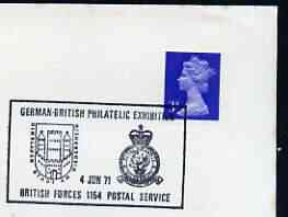 Postmark - Great Britain 1971 cover bearing illustrated cancellation for German-British Philatelic Exhibition (BFPS), stamps on , stamps on  stamps on stamp exhibitions, stamps on  stamps on militaria, stamps on  stamps on arms, stamps on  stamps on heraldry