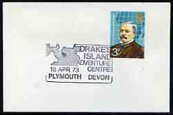 Postmark - Great Britain 1973 cover bearing illustrated cancellation for Drakes Island Adventure Centre, stamps on drake, stamps on explorers, stamps on maps