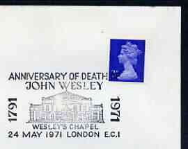 Postmark - Great Britain 1971 cover bearing illustrated cancellation for Anniversary of Death of John Wesley, showing Wesley's Chapel, stamps on religion, stamps on methodist, stamps on personalities