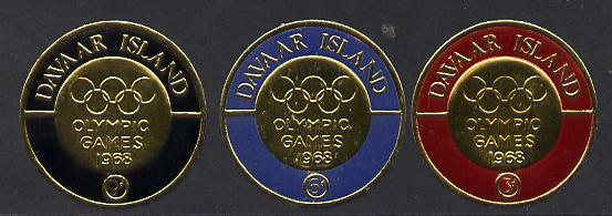 Davaar Island 1968 Olympic Games set of 3 coin shaped in gold Foil unmounted mint, stamps on olympics  sport