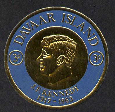 Davaar Island 1965 J F Kennedy 3d coin shaped in gold foil with background colour in blue instead of green unmounted mint (as Rosen D33), stamps on kennedy, stamps on personalities