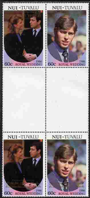 Tuvalu - Nui 1986 Royal Wedding (Andrew & Fergie) 60c with 'Congratulations' opt in gold in unissued perf inter-paneau block of 4 (2 se-tenant pairs) with overprint inverted on one pair unmounted mint from Printer's uncut proof sheet, stamps on , stamps on  stamps on royalty, stamps on  stamps on andrew, stamps on  stamps on fergie, stamps on  stamps on 