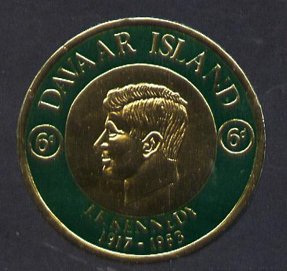Davaar Island 1965 J F Kennedy 6d coin shaped in gold foil with background colour in green instead of mauve unmounted mint (as Rosen D34), stamps on kennedy, stamps on personalities