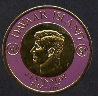 Davaar Island 1965 J F Kennedy 9d coin shaped in gold foil with background colour in mauve instead of black unmounted mint (as Rosen D35), stamps on kennedy, stamps on personalities