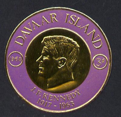 Davaar Island 1968 J F Kennedy 3d coin shaped in gold foil with background colour in mauve instead of blue unmounted mint (as Rosen D118), stamps on kennedy, stamps on personalities