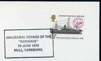 Postmark - Great Britain 1974 card bearing special cancellation for Inaugural Voyage of the NORWAVE, Hull, stamps on ships, stamps on ferries