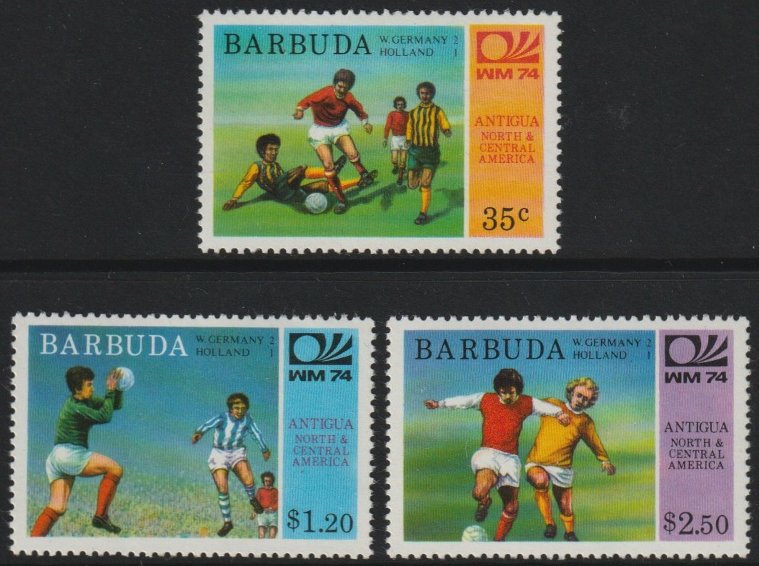 Barbuda 1974 World Cup Football Winners perf set of 3 (unissued with names of teams) unmounted mint, stamps on football  sport
