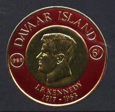 Davaar Island 1968 J F Kennedy 6d coin shaped in gold foil with background colour in red instead of green unmounted mint (as Rosen D119), stamps on kennedy, stamps on personalities