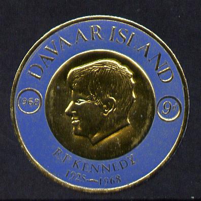 Davaar Island 1968 J F Kennedy 9d coin shaped in gold foil with background colour in blue instead of red unmounted mint, stamps on kennedy, stamps on personalities