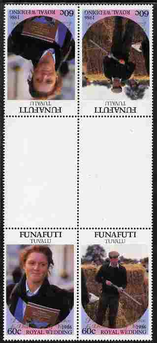Tuvalu - Funafuti 1986 Royal Wedding (Andrew & Fergie) 60c with 'Congratulations' opt in gold in unissued perf tete-beche inter-paneau block of 4 (2 se-tenant pairs) unmounted mint from Printer's uncut proof sheet, stamps on royalty, stamps on andrew, stamps on fergie, stamps on 